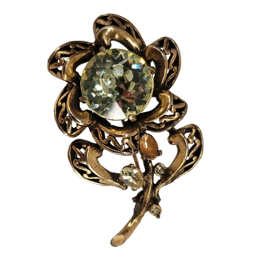 Vintage Signed Hollycraft 1952 Flower Brooch Large Citrine Rhinestone 16g READ